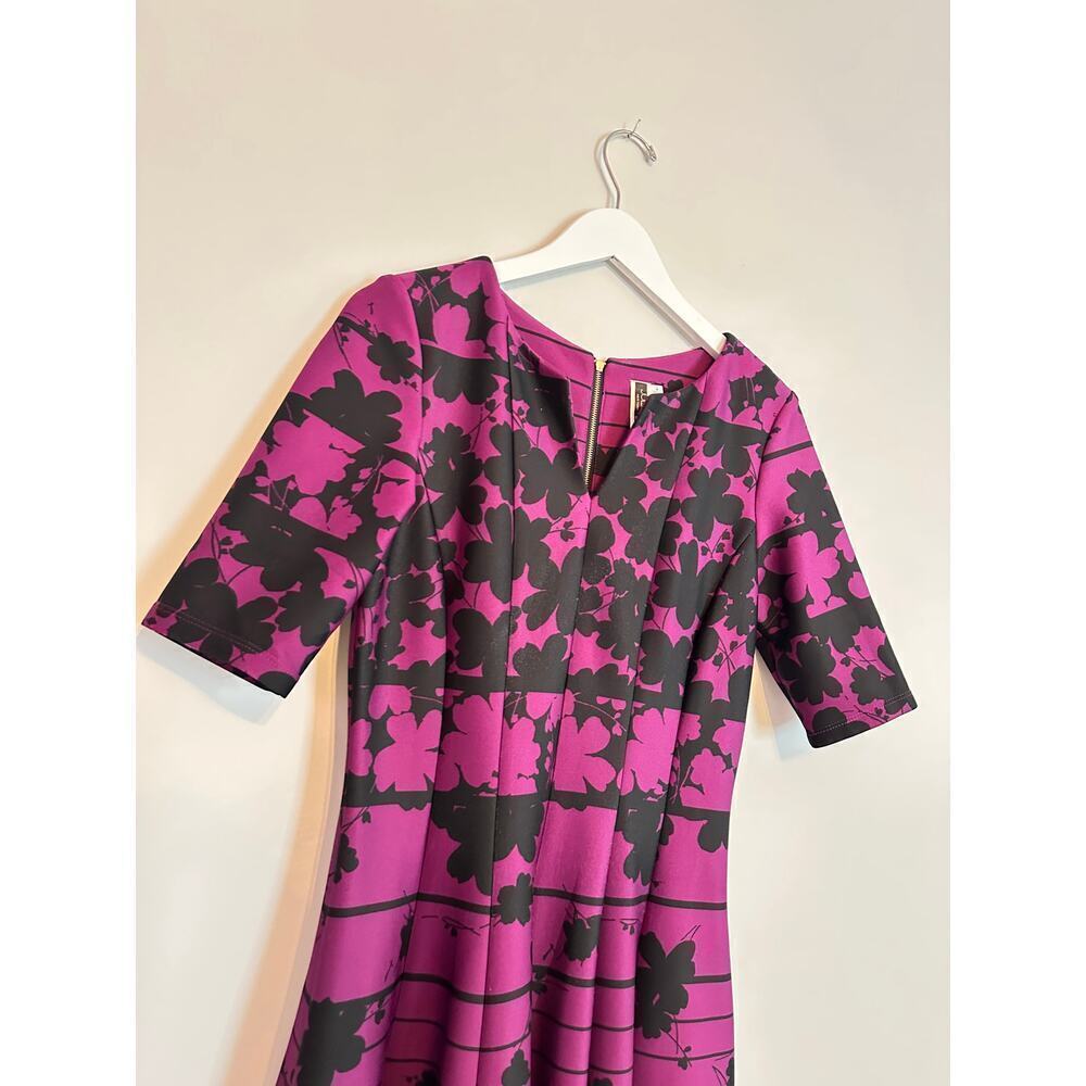 Size 8 Purple Black Floral Striped Scuba Fit Flare Mini Dress Work Knee Length - Picture 4 of 12